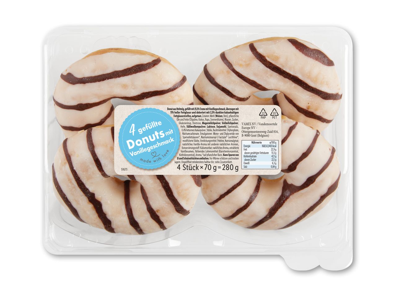To Lidl-donuts med chokolade striber i en plastikemballage.