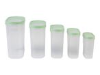 Set of five clear plastic food storage containers with light green lids.