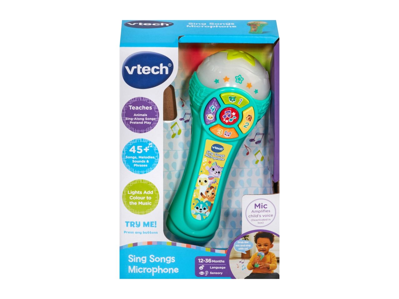 A children's sing-along microphone toy in its packaging, featuring animals and musical notes.
