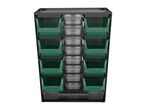Black storage rack with green bins and clear drawers, featuring the Parkside logo.