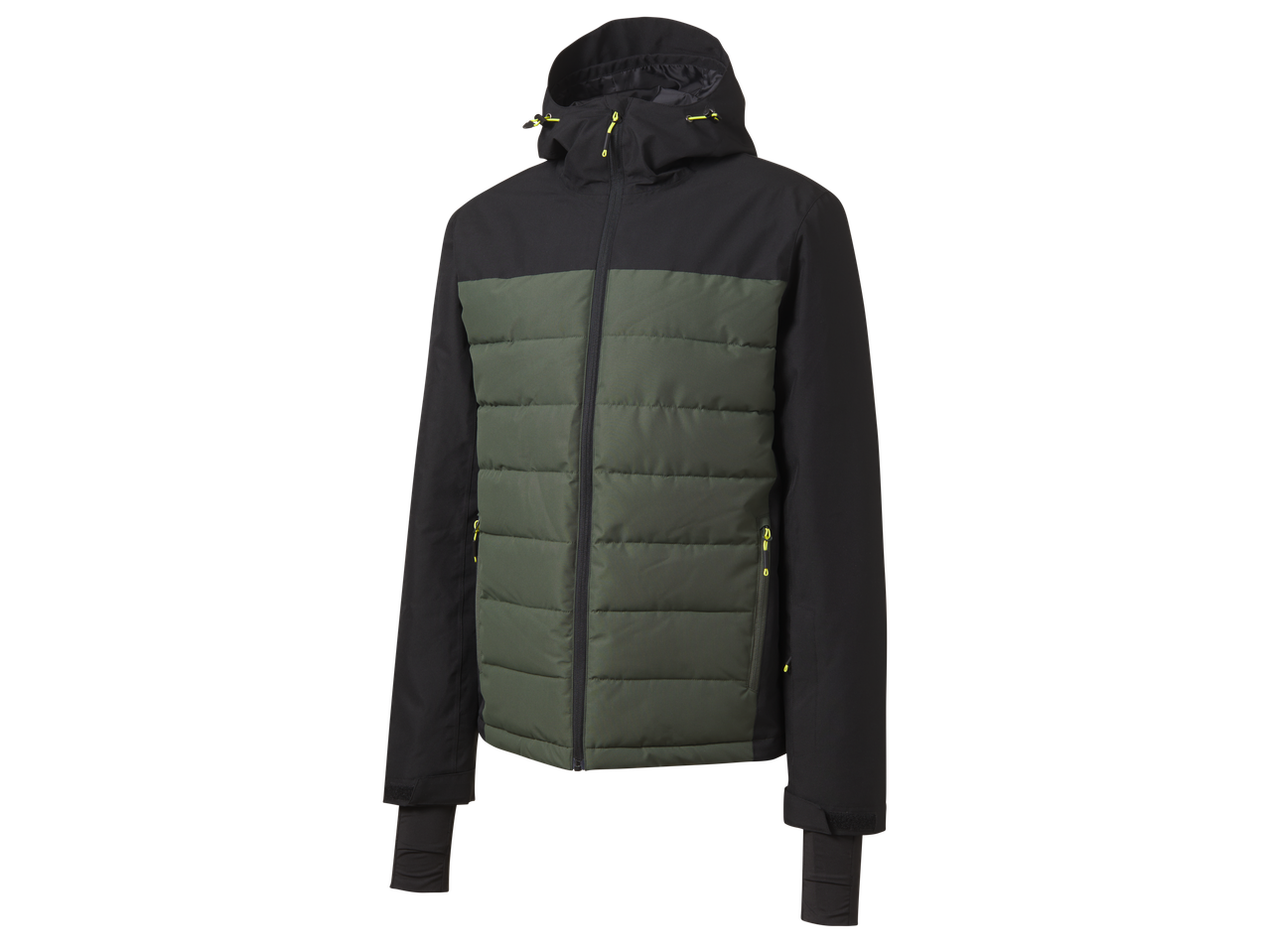 Crivit ski jacket, olive green and black, with a hood and yellow zippers.