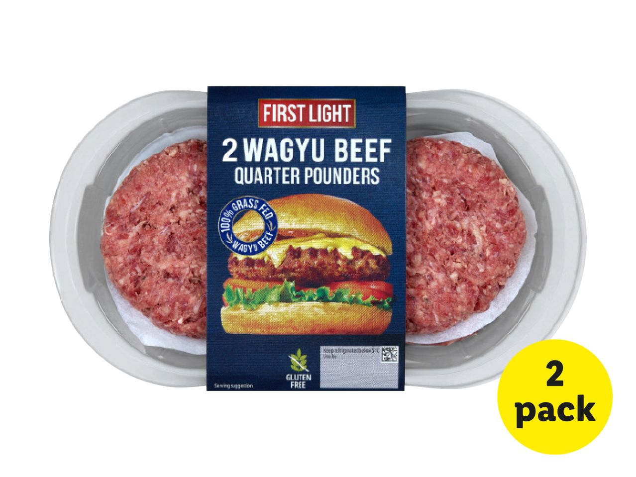 Two Tesco Wagyu beef burger patties in a plastic tray.