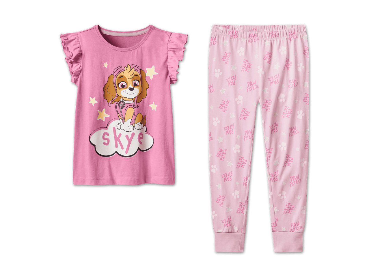 Rosa Paw Patrol Schlafanzug mit Skye-Motiv und Sternen.