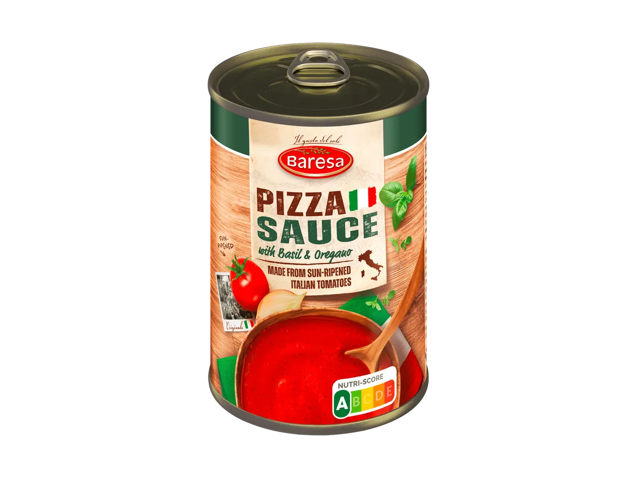 Boîte de sauce à pizza au basilic et origan, faite de tomates italiennes mûries au soleil.