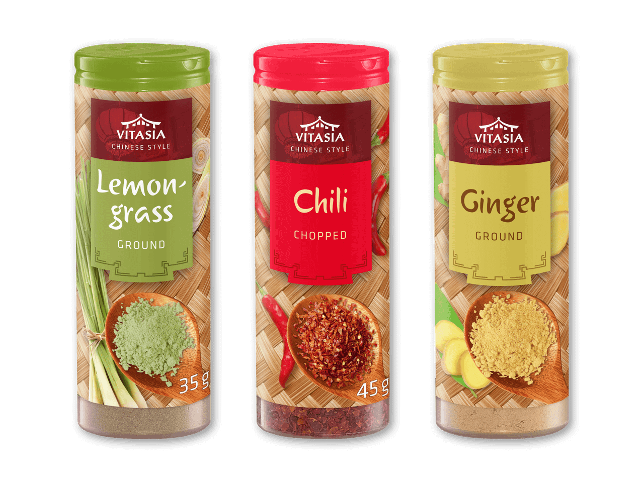 Tre krydderiglas med citrongræs, chili og ingefær i kinesisk stil.