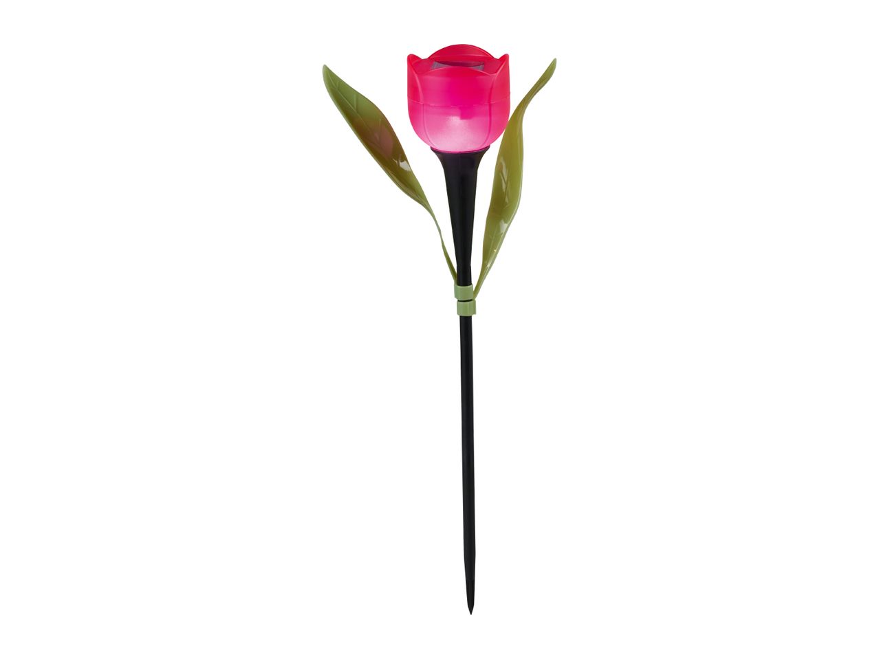 Pink tulip-shaped solar garden light with green leaves and a black stake.