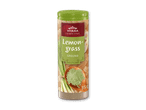 Bøtte med stødt citrongræs, med et billede af friskt citrongræs og en skål med pulver.
