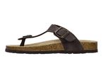 Brown thong sandal with a cork footbed and an adjustable buckle strap.