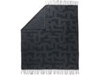 Dark grey blanket with a subtle geometric pattern and fringed edges.