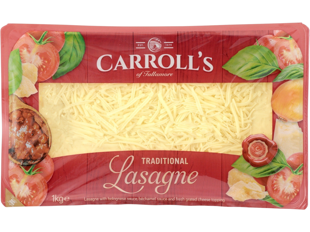 Carroll's traditional lasagne with grated cheese.