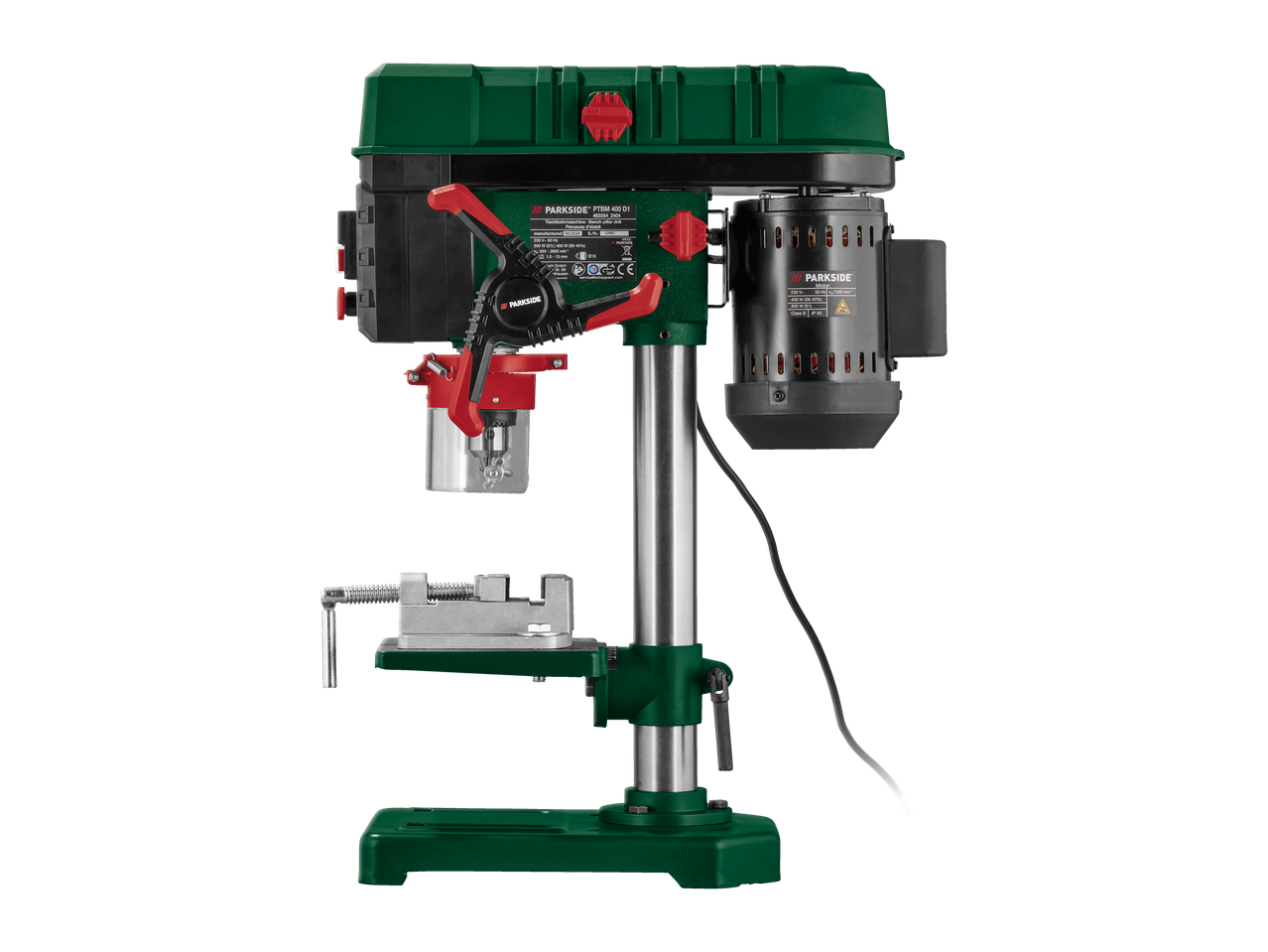 Parkside bench drill: sturdy build, vise included.