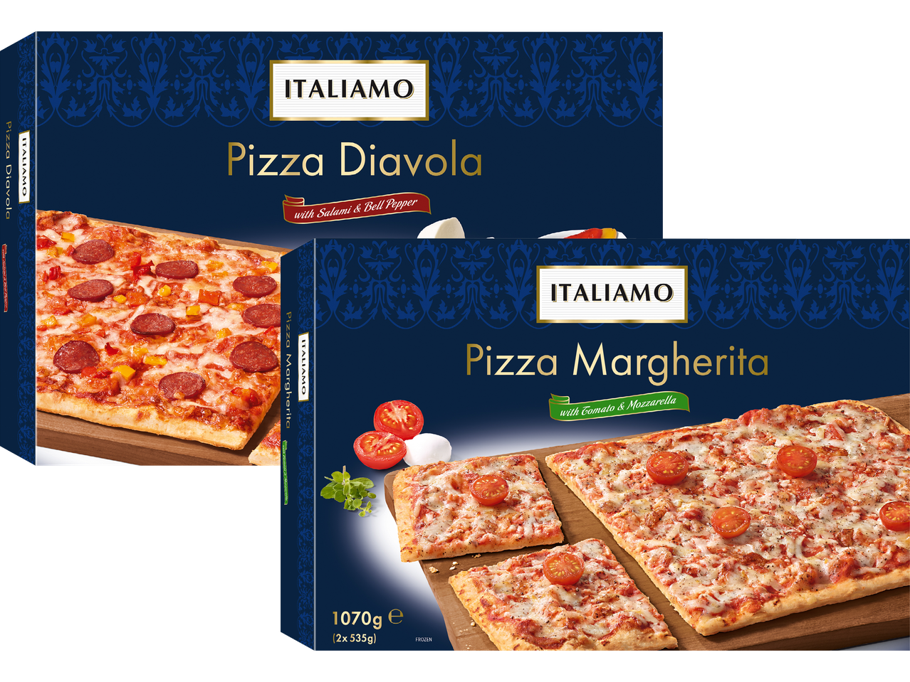 Två pizzakartonger, en för Pizza Diavola med salami och paprika, och en för Pizza Margherita.