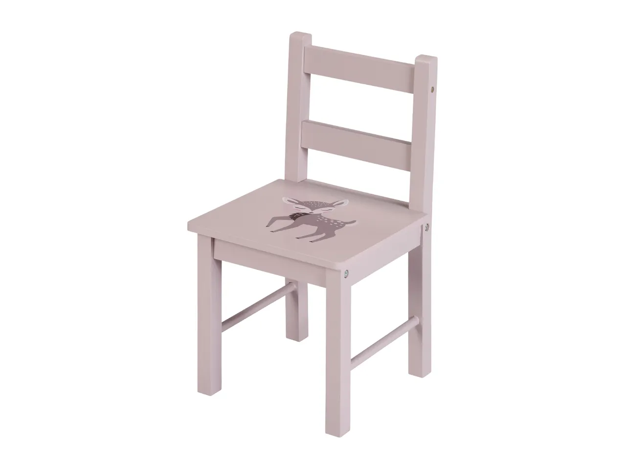 Light pink wooden child's chair with a deer illustration on the seat