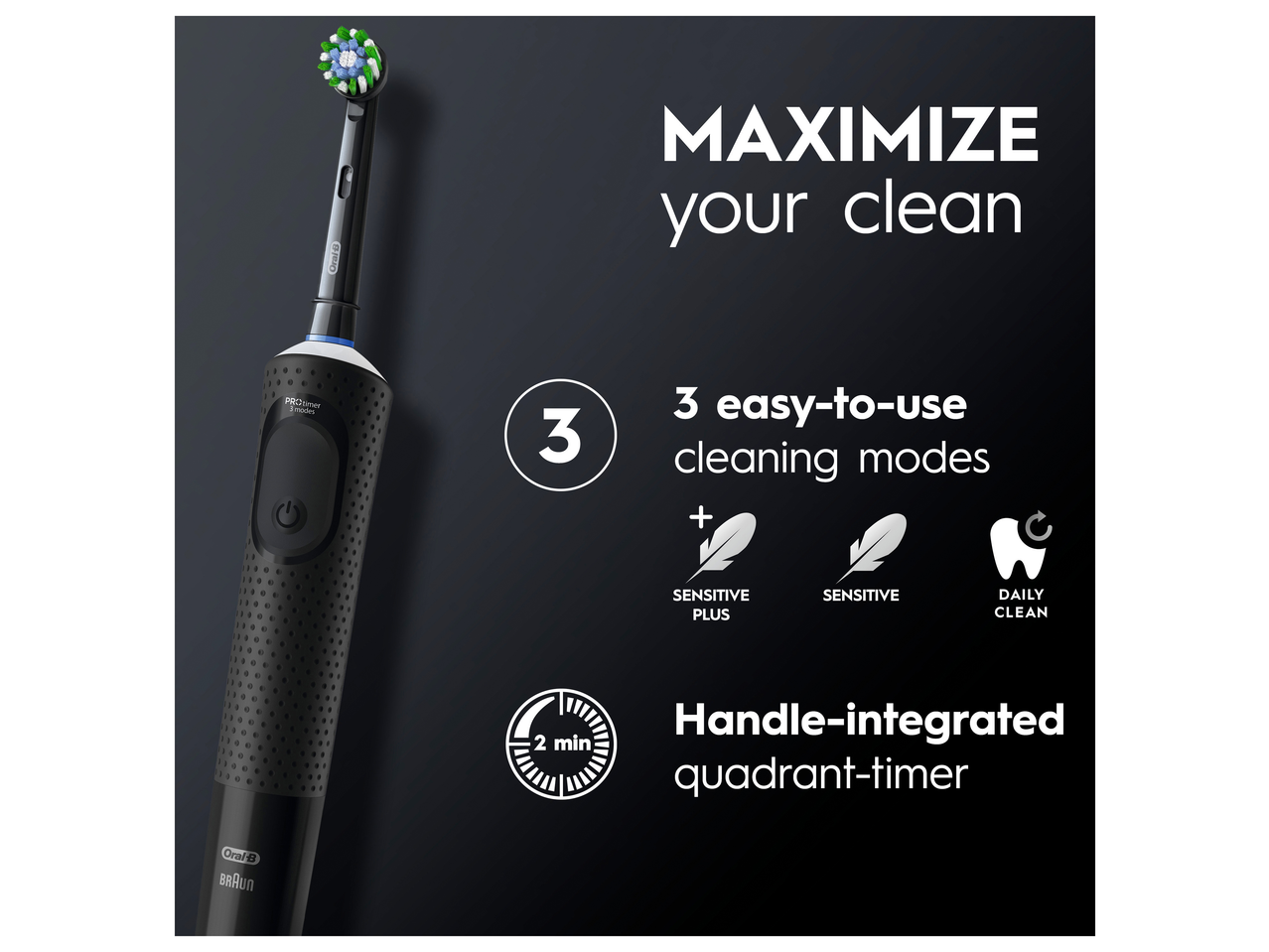Periuță de dinți electrică Oral-B cu 3 moduri de curățare și temporizator integrat.