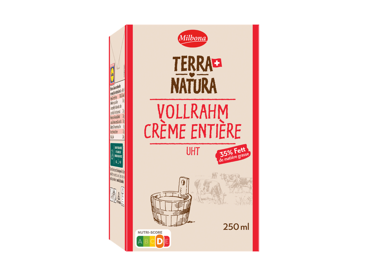 Confezione di panna intera da 250 ml con 35% di grassi, con Nutri-Score D.