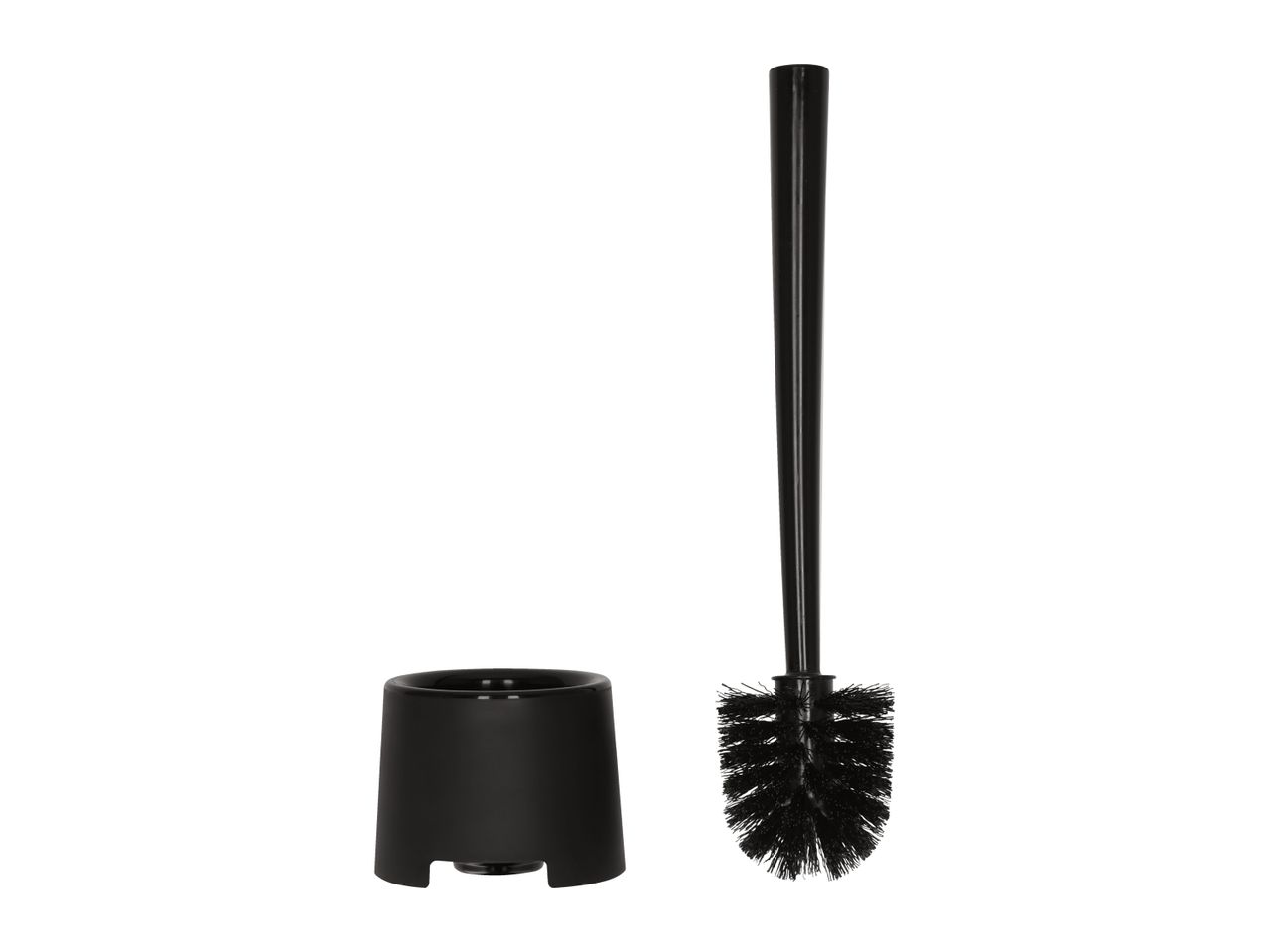 Black toilet brush and holder set on a white background.