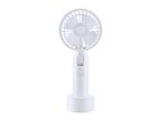White portable fan with a round head and a base, standing upright.