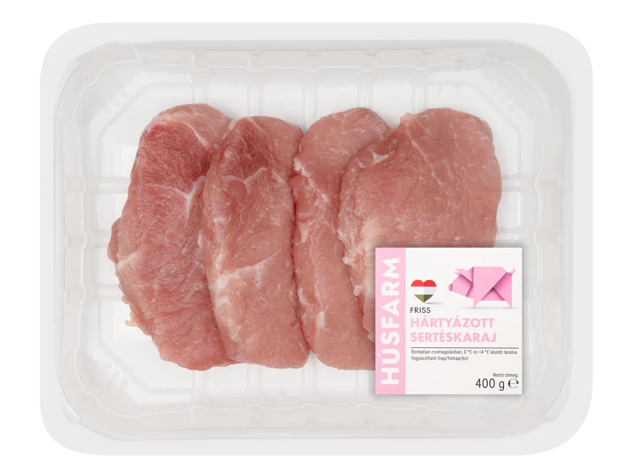 Friss, hártyázott sertéskaraj a Húsfarm márkától, 400g-os kiszerelésben.