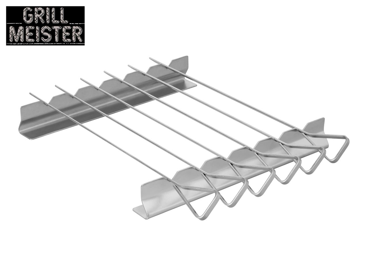 A stainless steel skewer rack with six skewers, designed for grilling.