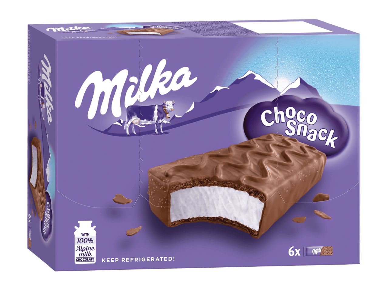 Kuusi suklaapäällysteistä maitojäädykettä, joissa on alppimaitoa, violetissa pakkauksessa.