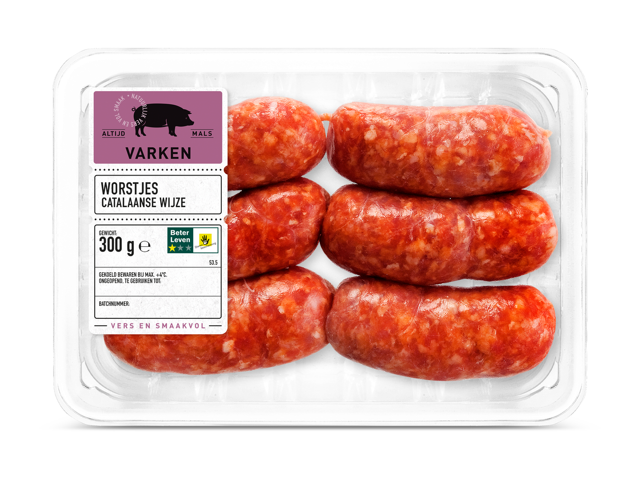 Verpakking met Catalaanse worstjes van 300 gram, met een label voor varkensvlees en diervriendelijkheid.