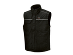 Black work vest with reflective stripes and a brand logo on the chest.