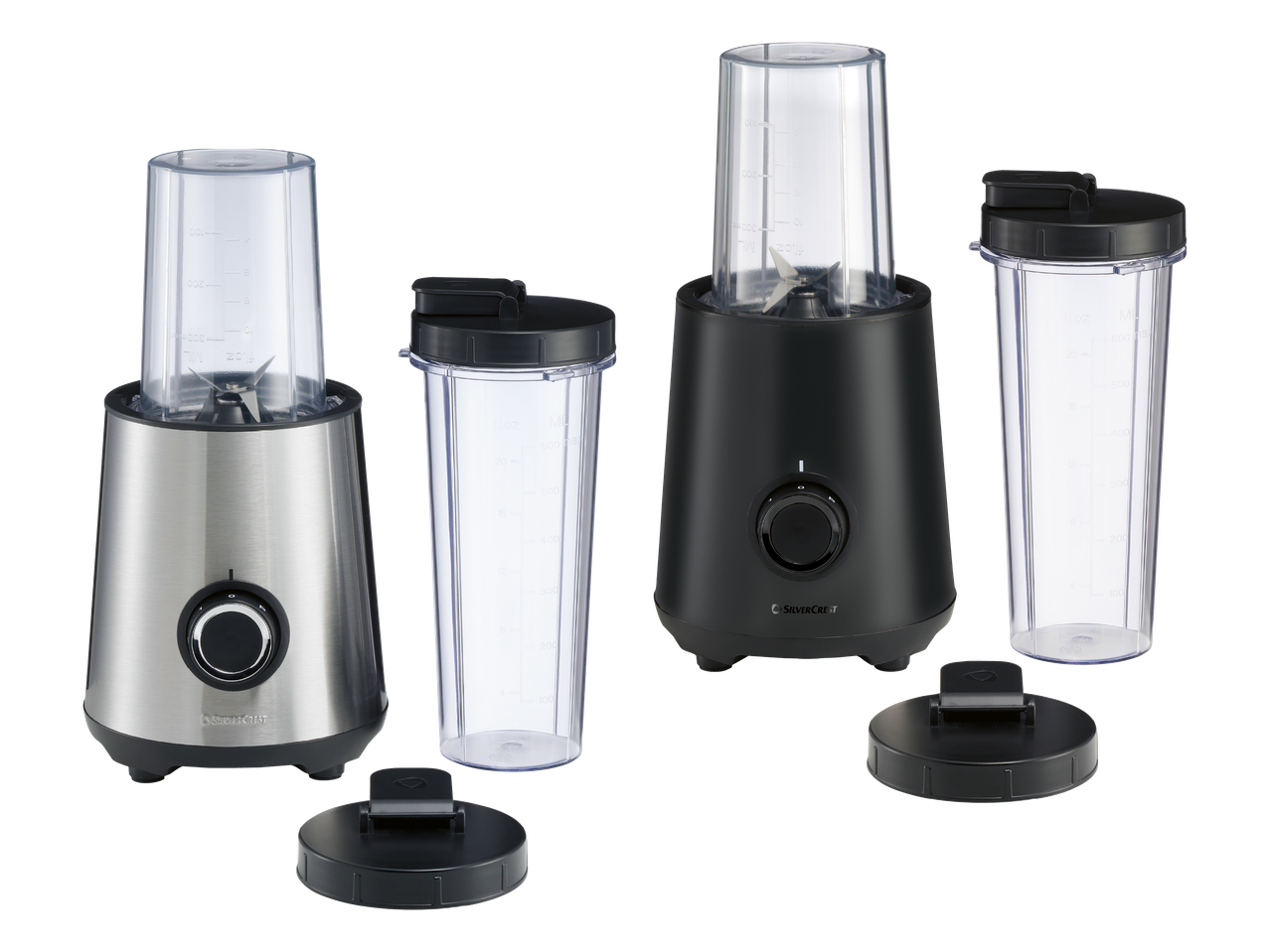 Dva osobna blendera, jedan srebrni i jedan crni, s prozirnim šalicama i poklopcima.
