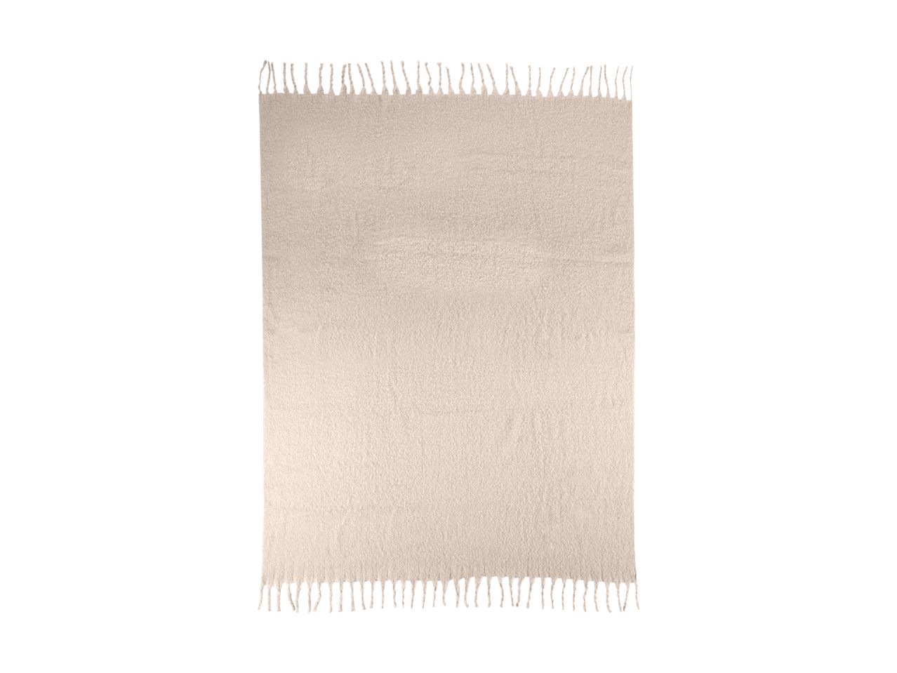 A light beige rectangular rug with fringed edges.