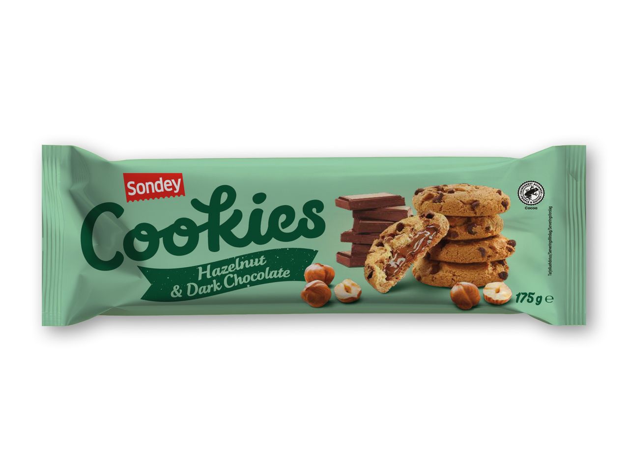 Kikseindpakning med hasselnødder og mørk chokolade, 175g.