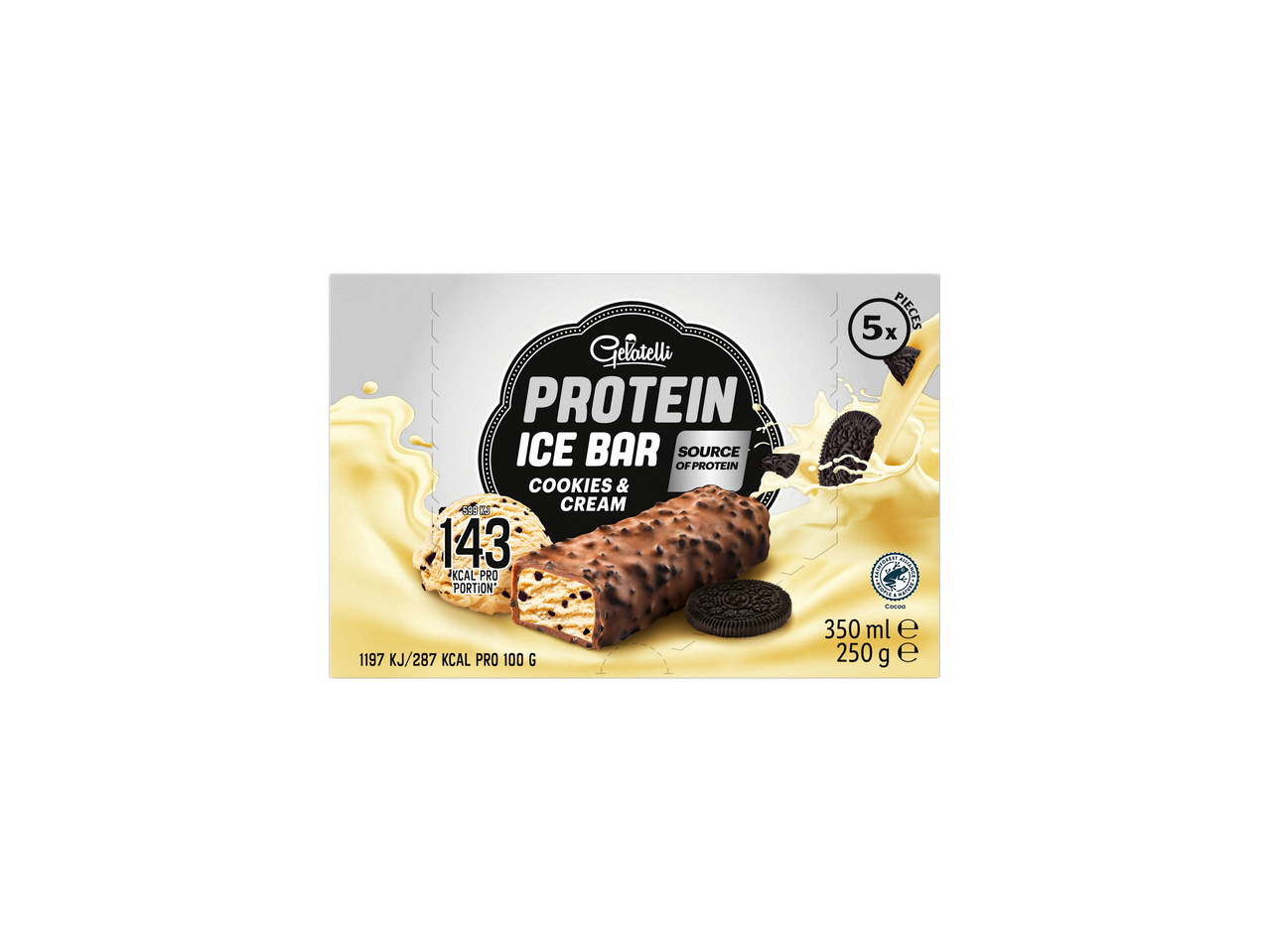 Gelatelli Protein Jégkrém szelet Cookies & Cream ízben, 5 darab, 143 kcal adagonként.