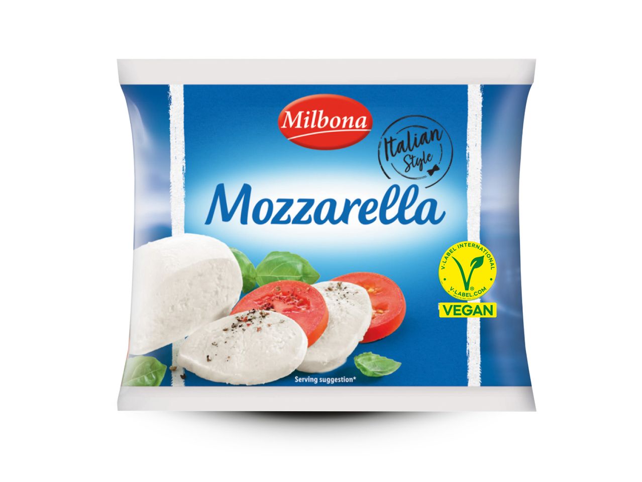 Pakiranje Milbona mozzarelle u talijanskom stilu s prikazom veganskog proizvoda.