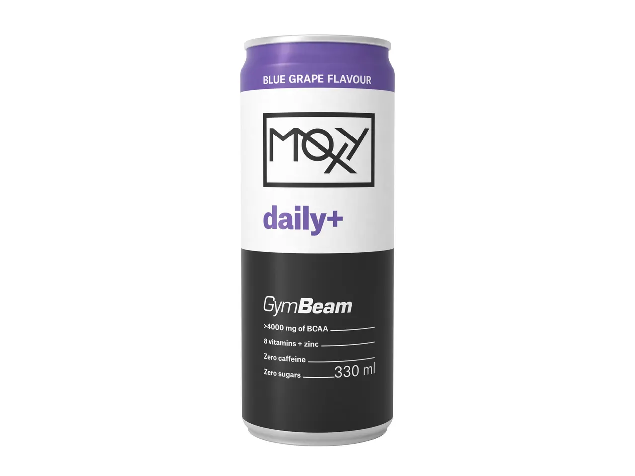 Moxy Daily+ kék szőlő ízű ital, GymBeam márkájú, 330 ml-es dobozban.