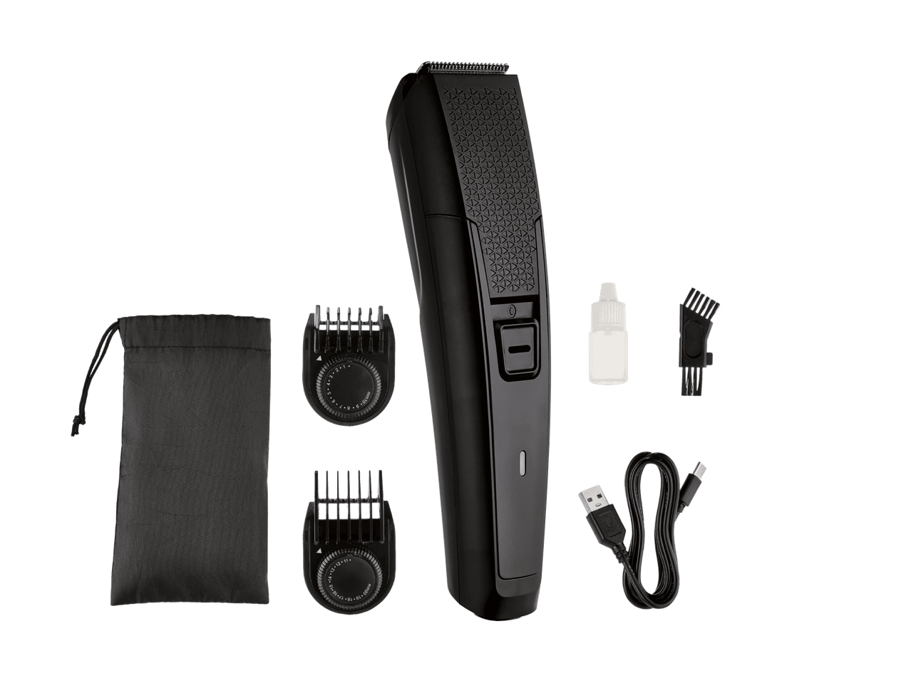 Tondeuse à cheveux avec accessoires, câble de charge, brosse de nettoyage, huile et pochette.