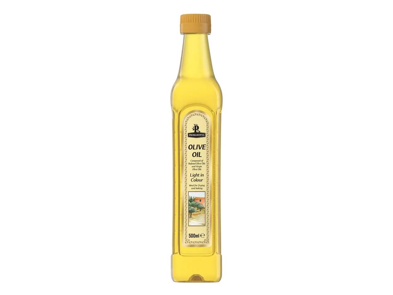 Primadonna Olive Oil, 500ml bottle, light in color, ideal for frying and baking.