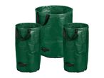 Three green garden waste bags in different sizes with carrying handles