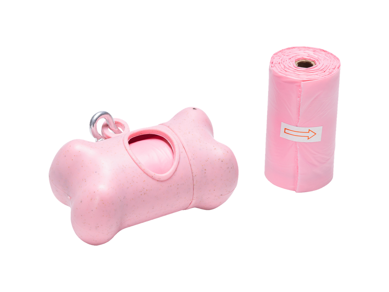 KARLIE pink bone-shaped poop bag holder with a roll of pink poop bags.
