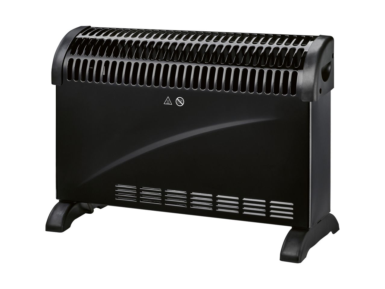 Black electric convector heater with a top grille and two warning symbols