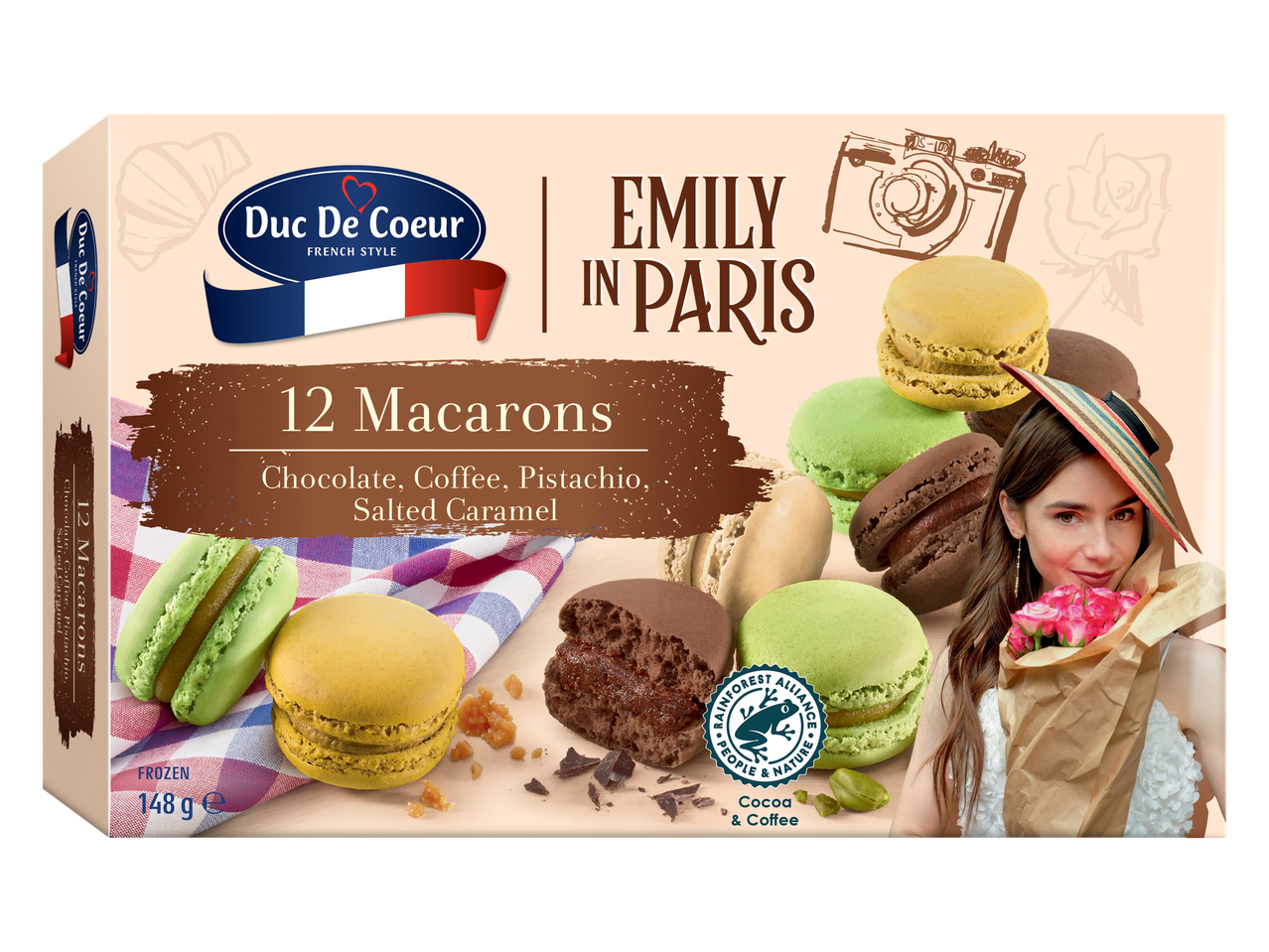Cutie de macarons Duc De Coeur: ciocolată, cafea, pistac, caramel sărat.