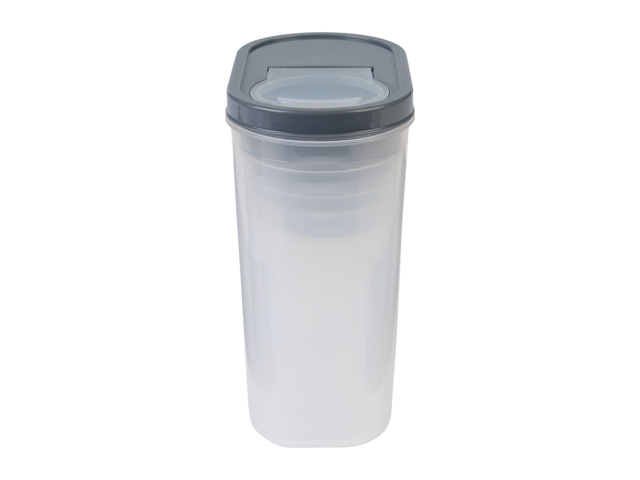 A clear plastic storage container with a gray lid.