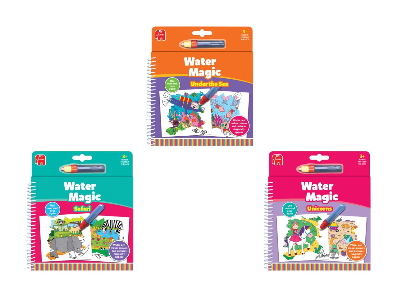 Tre pakker med Aqua Doodle farvelægningsbøger til børn.