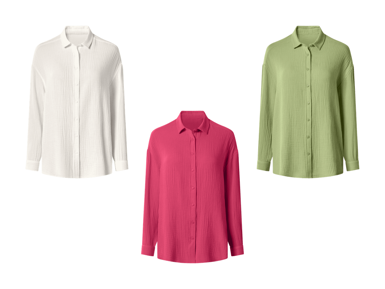 Trois chemises à manches longues en mousseline de coton : blanche, fuchsia et vert clair.
