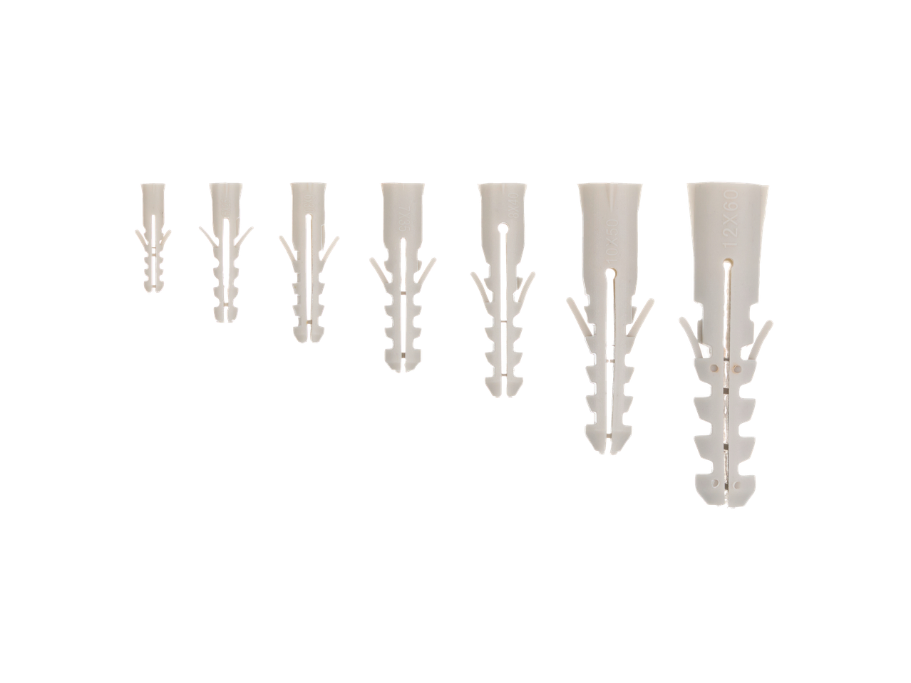 Set de dibluri albe din plastic de diferite dimensiuni pe fundal negru.