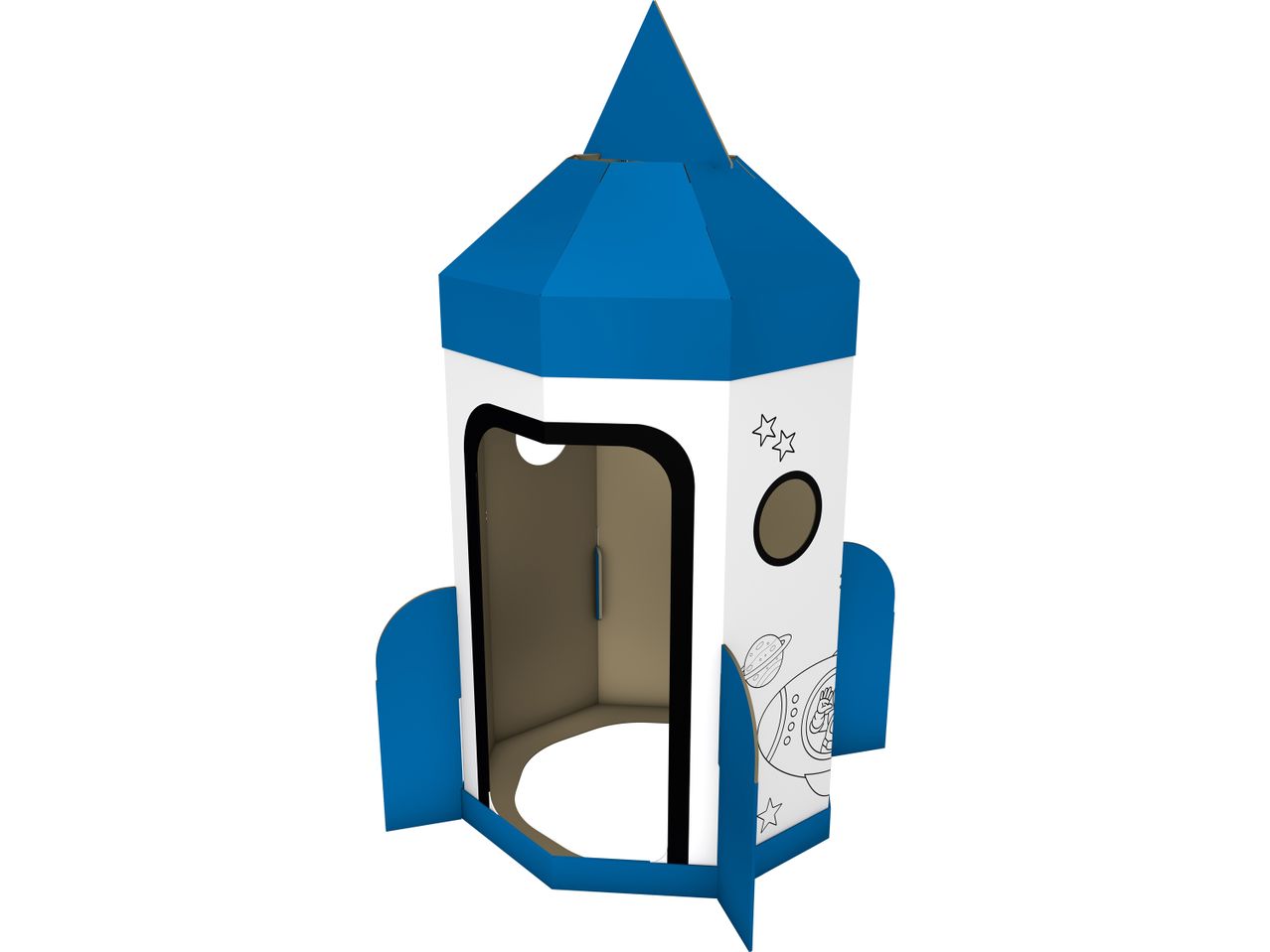 A cardboard rocket playhouse for kids, featuring a blue and white design with space-themed illustrations.