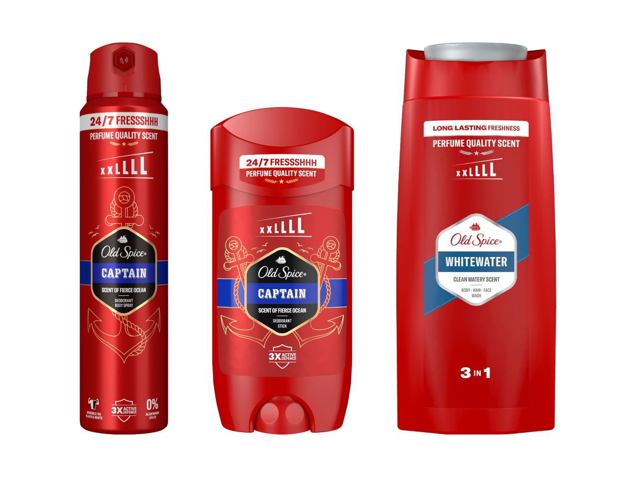 Old Spice Männerpflege-Set: Deo-Spray, Deostick und Duschgel.