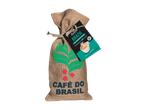 Lidl LATIN AMERICAN STYLE Cafea boabe de origine: Sac de iută cu boabe de cafea Bellaarom Brazilia și etichetă cu tărie și ceașcă de cafea.