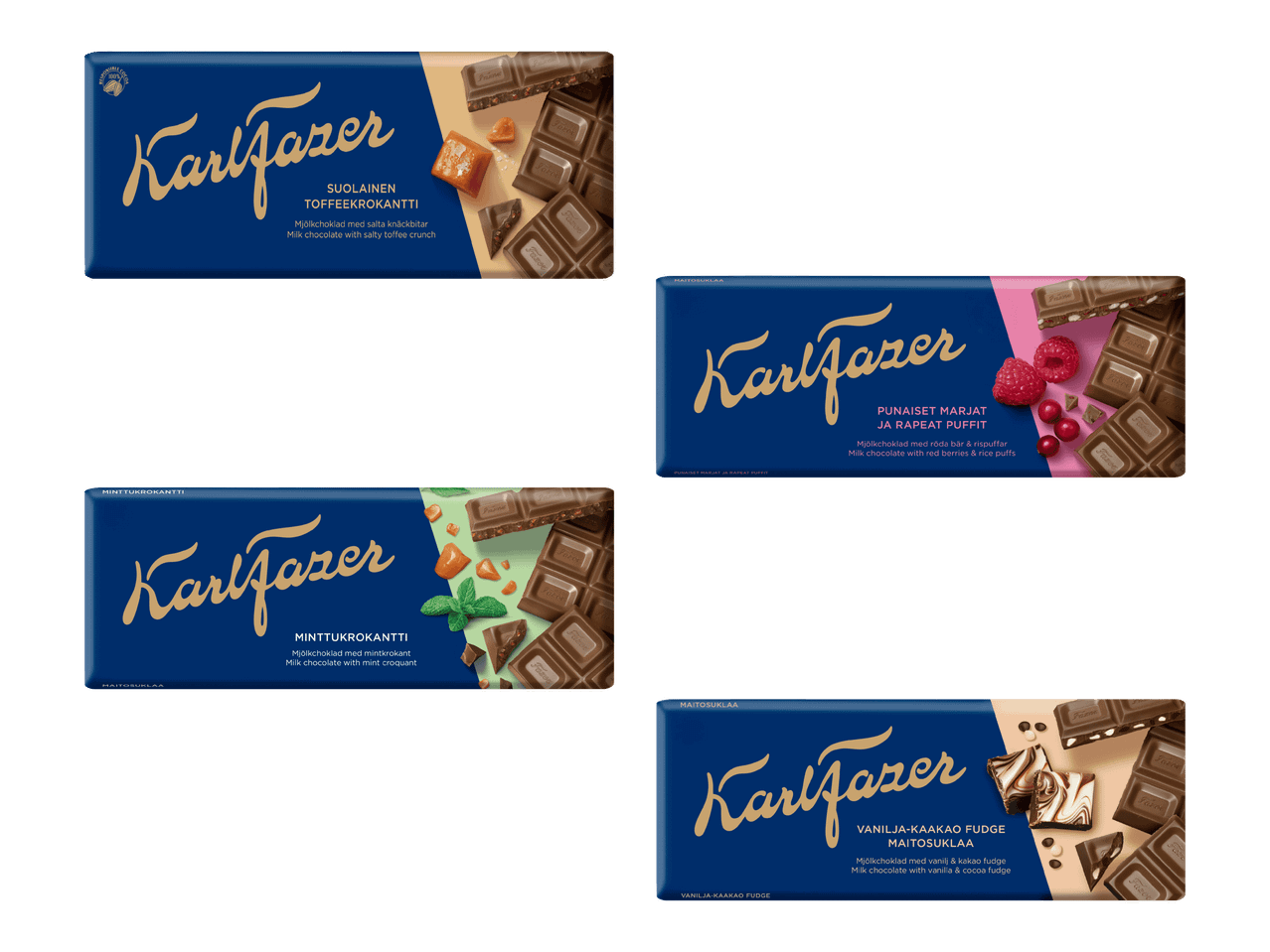 Neljä erilaista maitosuklaalevyä, joissa on toffee-, marja-, minttu- ja fudge-täytteitä.