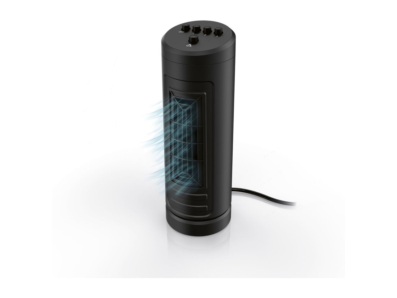 A black, cylindrical personal fan.