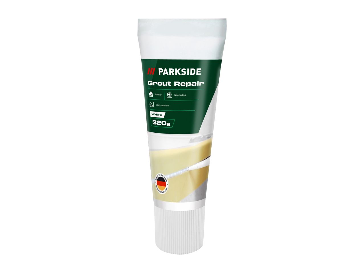 White grout repair in a tube, 320g, for interior use, non-fading, and stain-resistant.