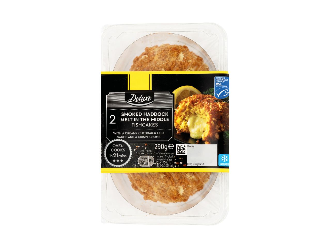 Two smoked haddock fishcakes with a creamy cheddar and leek sauce and a crispy crumb.