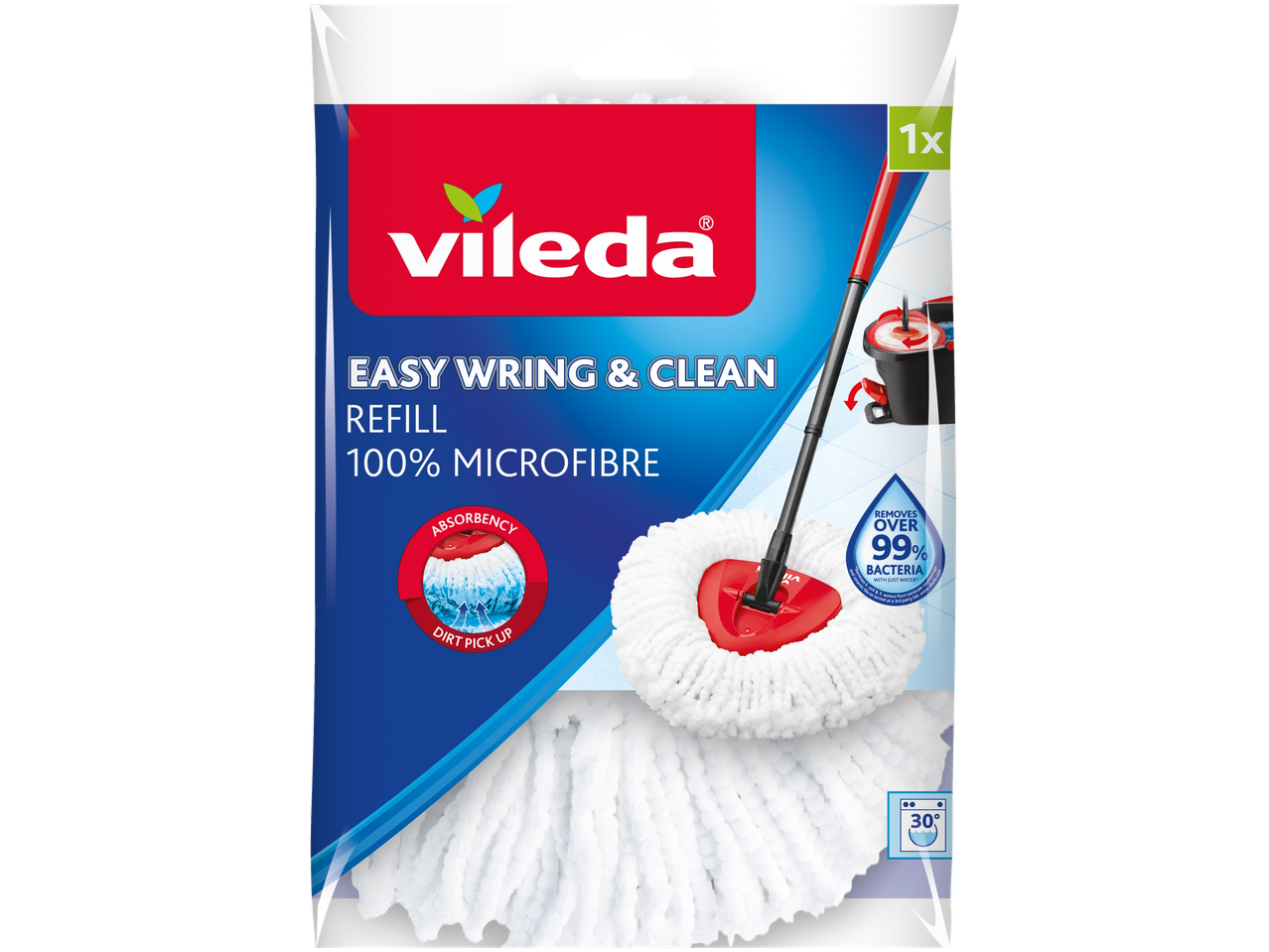 Vileda Easy Wring & Clean Refill, 100% microfibre mop head, removes over 99% bacteria.